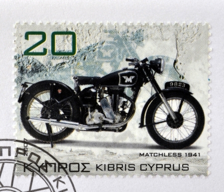 CYPRUS - CIRCA 2007: A stamp printed in Cyprus shows a motorbike, Matchless 1941, circa 2007のeditorial素材