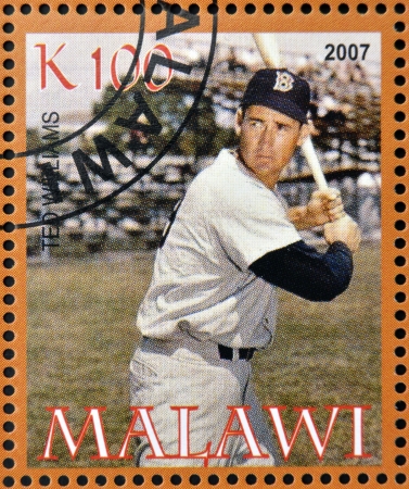 MALAWI - CIRCA 2007: A stamp printed in Malawi dedicated to greatest baseball players, shows Ted Williams, circa 2007 のeditorial素材