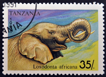 TANZANIA - CIRCA 1991: A stamp printed in Tanzania shows an elephant, circa 1991. の写真素材