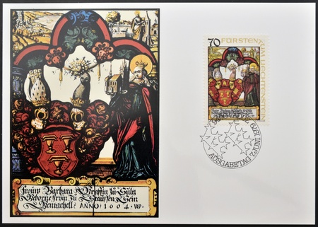 LIECHTENSTEIN - CIRCA 1979  A stamp printed in Liechtenstein dedicated to heraldic panes from the Liechtenstein National Museum shows Barbara von Suiz, circa 1979のeditorial素材