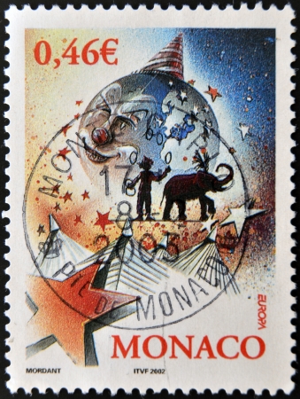 MONACO - CIRCA 2002: A stamp printed in Monaco dedicated to the circus, circa 2002のeditorial素材