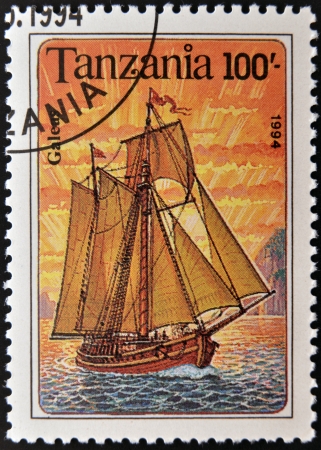 TANZANIA - CIRCA 1994: A stamp printed in Tanzania shows image of a ship, galeas, circa 1994のeditorial素材
