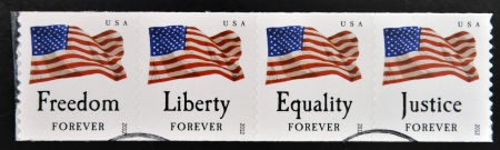 UNITED STATES OF AMERICA - CIRCA 2012: stamps printed in USA shows the image of the USA Flag, freedom, liberty, equality, justice, USA forever, circa 2012 のeditorial素材