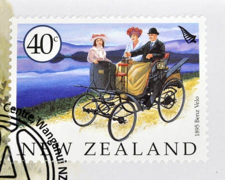 NEW ZEALAND - CIRCA 2003: A stamp printed in New Zealand dedicated to old cars, shows 1895 Benz Velo, circa 2003 のeditorial素材
