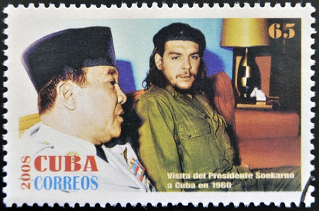 CUBA - CIRCA 2008: Stamp printed in cuba shows President Sukarno of Indonesia and Ernesto Che Guevara, circa 2008のeditorial素材
