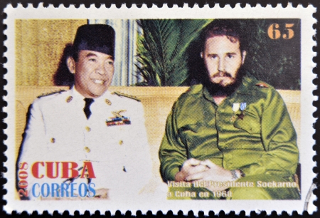 CUBA - CIRCA 2008: Stamp printed in cuba shows President Sukarno of Indonesia and Fidel Castro, circa 2008のeditorial素材