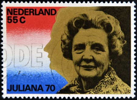 NETHERLANDS - CIRCA 1970: A stamp printed in Holland honoring Queen Juliana's 70th Birthday, circa 1970 のeditorial素材