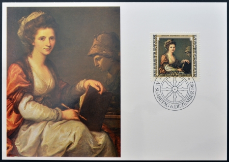 LIECHTENSTEIN - CIRCA 1982: Stamp printed in Liechtenstein dedicated to portraits of Famous visitors to Liechtenstein, shows Angelica Kauffmann, circa 1982のeditorial素材