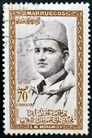 MOROCCO - CIRCA 1957: A stamp printed in Morocco shows Sultan Mohammed V, circa 1957 のeditorial素材
