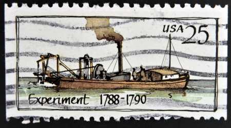 UNITED STATES OF AMERICA - CIRCA 1989: A stamp printed in USA shows Ship Experiment (1788 - 1790), Steamboats series, circa 1989 のeditorial素材