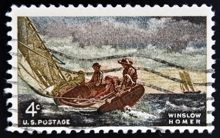 UNITED STATES OF AMERICA - CIRCA 1962: A stamp printed in USA shows "Breezing Up", by Winslow Homer, circa 1962 のeditorial素材