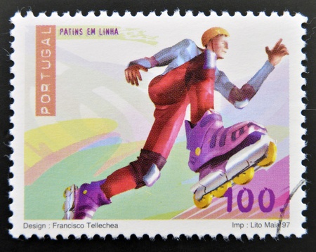 PORTUGAL - CIRCA 1997: A stamp printed in Portugal dedicated to extreme sports, shows  Inline Skating, circa 1997のeditorial素材