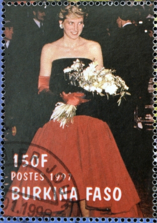 BURKINA FASO - CIRCA 1997: A stamp printed in Burkina Faso shows Diana of Wales, circa 1997 のeditorial素材