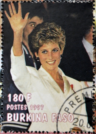BURKINA FASO - CIRCA 1997: A stamp printed in Burkina Faso shows Diana of Wales, circa 1997 のeditorial素材