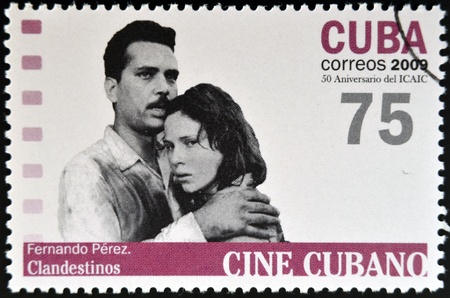 CUBA - CIRCA 2009: A stamp printed in Cuba dedicated to Cuban cinema, shows Fernando PÃ©rez in Clandestinos, circa 2009のeditorial素材