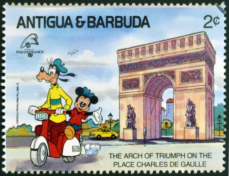 ANTIGUA AND BARBUDA - CIRCA 1989: Stamp printed in Antigua dedicated to international philatelic exhibition in France, shows the arch of triumph on the place Charles de Gaulle, circa 1989 のeditorial素材