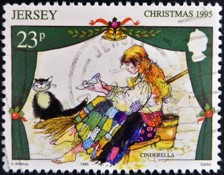 JERSEY - CIRCA 1995: A stamp printed in Jersey shows Scene from the fairy tale Cinderella, circa 1965 のeditorial素材