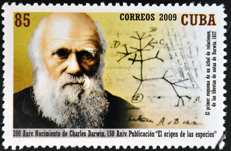 CUBA - CIRCA 2009: a stamp printed in Cuba shows an image of Charles Darwin, circa 2009のeditorial素材