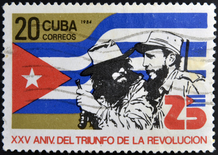 CUBA - CIRCA 1984: A Stamp dedicated to 25th Anniversary of the Victory of the Cuban Revolution, shows Fidel Castro and Camilo Cienfuegos, circa 1984 のeditorial素材