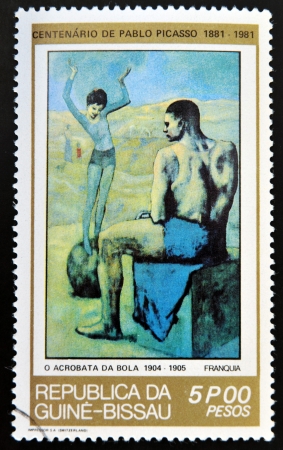 GUINEA - CIRCA 1981: A stamp printed in Republic of Guinea Bissau shows Acrobat on a Ball by Pablo Picasso, circa 1981のeditorial素材