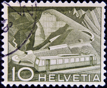 SWITZERLAND - CIRCA 1949: A stamp printed in Switzerland, shows Mountain Railway, circa 1949 のeditorial素材