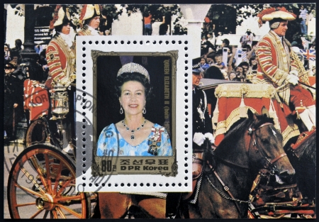 DPR KOREA - CIRCA 1984: A stamp printed in North Korea shows portraits of Queen Elizabeth II, circa 1984 のeditorial素材