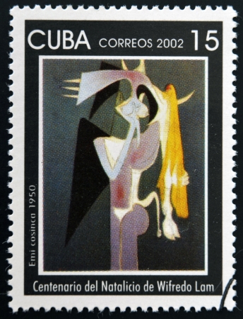 CUBA - CIRCA 2002: A stamp printed in cuba shows Emi cosinca by Wifredo Lam, circa 2002のeditorial素材
