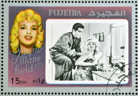 FUJEIRA - CIRCA 1972 : stamp printed in Fujeira shows actress Jayne Mansfield, circa 1972 のeditorial素材