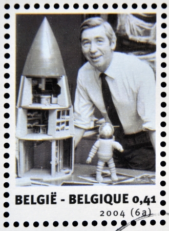 BELGIUM - CIRCA 2004: Stamp printed in Belgium dedicated to Tintin and Destination Moon shows Herge, circa 2004のeditorial素材
