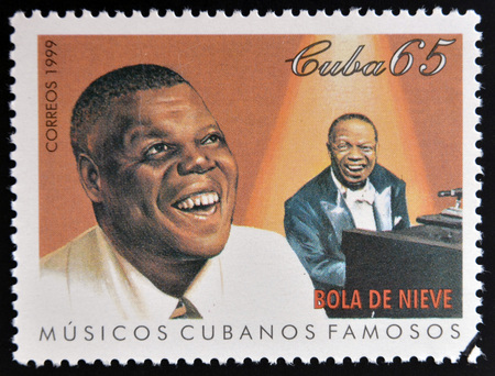 CUBA - CIRCA 1999: A stamp printed in cuba dedicated to  famous Cuban musicians, shows Bola de Nieve, circa 1999のeditorial素材