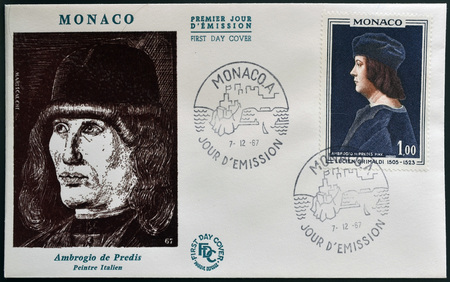MONACO - CIRCA 1967: A stamp printed in Monaco shows Lucien, Lord of Monaco by Ambrogio de Predis,...