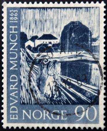 NORWAY - CIRCA 1963: A stamp printed in Norway shows Painting Three girls on the Bridge by Edvard Munch, circa 1963 のeditorial素材
