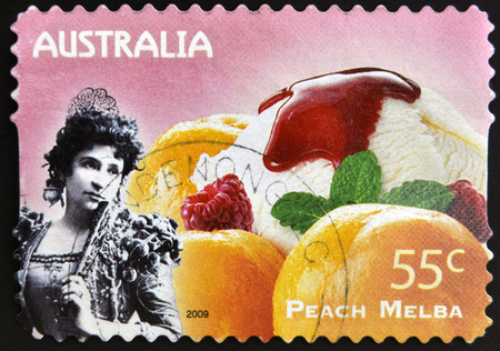 AUSTRALIA - CIRCA 2009: A stamp printed in Australia shows Not Just Desserts - Peach Melba, circa 2009のeditorial素材