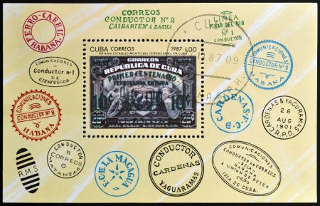 CUBA - CIRCA 1987: A stamp printed in Cuba dedicated to centennial of the railroad in Cuba, circa 1987 のeditorial素材