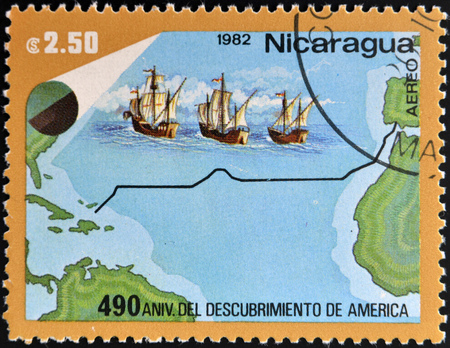 NICARAGUA - CIRCA 1982: A stamp printed in Nicaragua dedicated to discovery of America by Christopher Columbus, circa 1982の写真素材