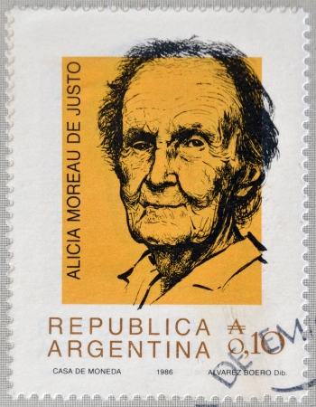 ARGENTINA - CIRCA 1986: Stamp printed in Argentina shows Alicia Moreau de Justo, circa 1986のeditorial素材