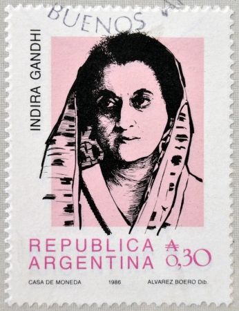 ARGENTINA - CIRCA 1986: Stamp printed in Argentina shows Indira Gandhi, circa 1986のeditorial素材