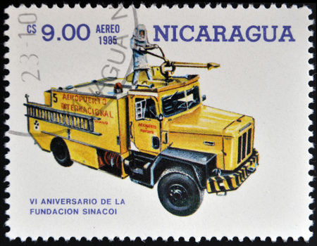 NICARAGUA - CIRCA 1985: stamp printed in Nicaragua shows firetruck, circa 1985. 
