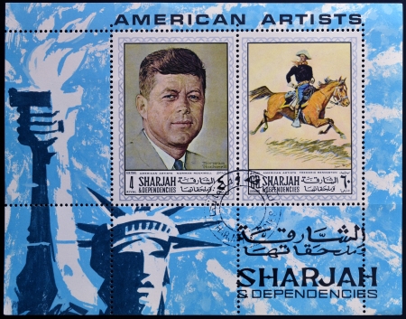 SHARJAH - CIRCA 1984: A stamp printed in Sharjah dedicated to american artists, circa 1984 のeditorial素材