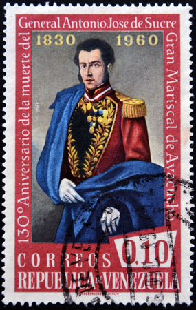 VENEZUELA - CIRCA 1960: A stamp printed inVenezuela shows Antonio Jose de Sucre, circa 1960のeditorial素材