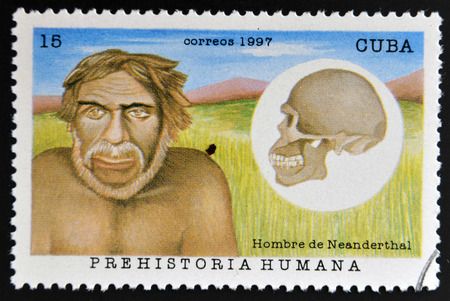 CUBA - CIRCA 1997: A stamp printed in Cuba dedicated to human prehistory shows Neanderthal man, circa 1997 のeditorial素材