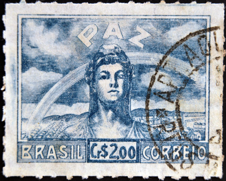 BRAZIL - CIRCA 1945: A stamp printed in Brazil dedicated to to the Allied victory in World War II shows allegory of the peace, circa 1945のeditorial素材
