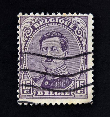 BELGIUM - CIRCA 1919: A stamp printed in Belgium shows image of King Albert I, circa 1919 のeditorial素材