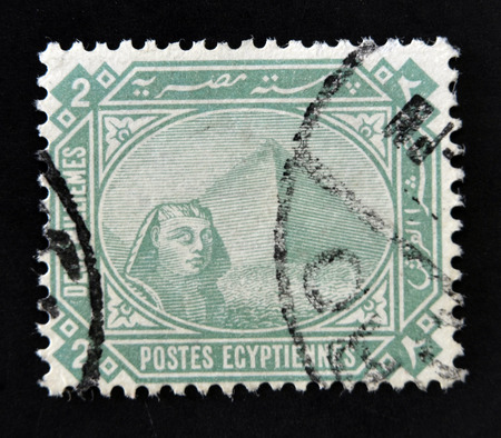 EGYPT - CIRCA 1888: A stamp printed in Egypt, showing the Great Sphinx and pyramid of Giza, circa 1888のeditorial素材