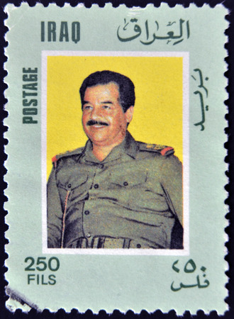 IRAQ - CIRCA 2000: A stamp printed in Iraq shows Saddam Hussein, circa 2000のeditorial素材