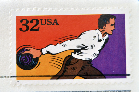 UNITED STATES OF AMERICA - CIRCA 1995: A stamp printed in USA dedicated to recreational sports, shows bowling, circa 1995の写真素材