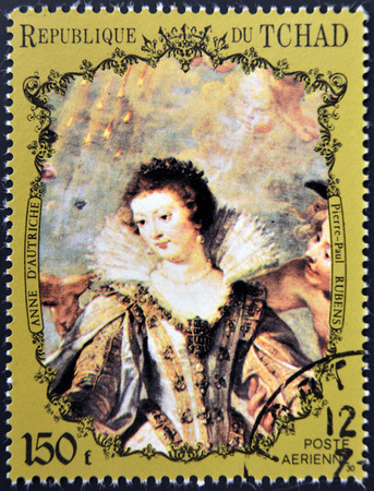 CHAD - CIRCA 1972: A stamp printed in Chad shows Anna of Austria, Queen of Spain by Rubens, circa 1972  のeditorial素材