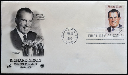 UNITED STATES OF AMERICA - CIRCA 1995: a stamp printed in USA showing an image of president Richard Nixon, circa 1995のeditorial素材