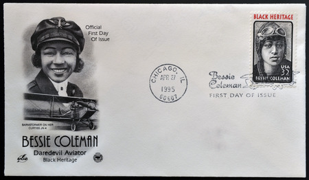 UNITED STATES OF AMERICA - CIRCA 1995: A stamp printed in USA showing pilot Bessie Coleman, Black...