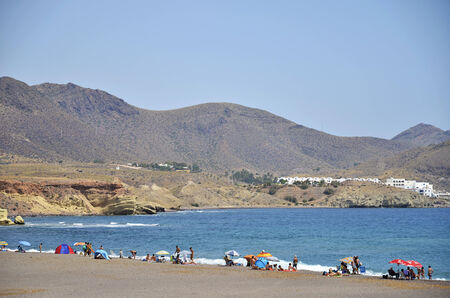 Los Escullos beach, one of the volcanic beauties of Cabo de Gata, Andalusia, Spainのeditorial素材
